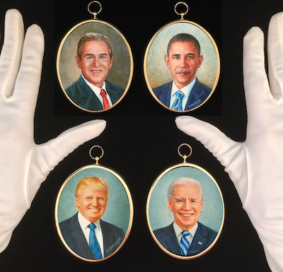 portrait miniature painting of President George W. Bush by Wes Siegrist, Barack Obama, Donald Trump and Joseph Biden by Rachelle Siegrist